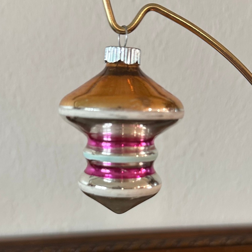 Vintage Shiny Brite Glass Christmas Ornament Striped Top Shape Orange Pink